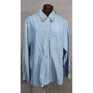 Vtg Belle Pointe Chambray Button Front Sunflower Collar Long Sleeve Shirt Top XL